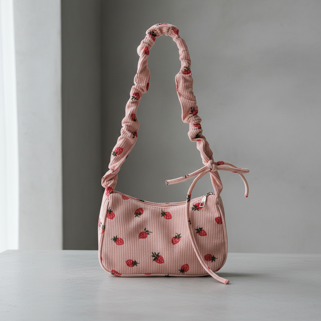 Pink corduroy shoulder bag with strawberry embroidery on concrete surface