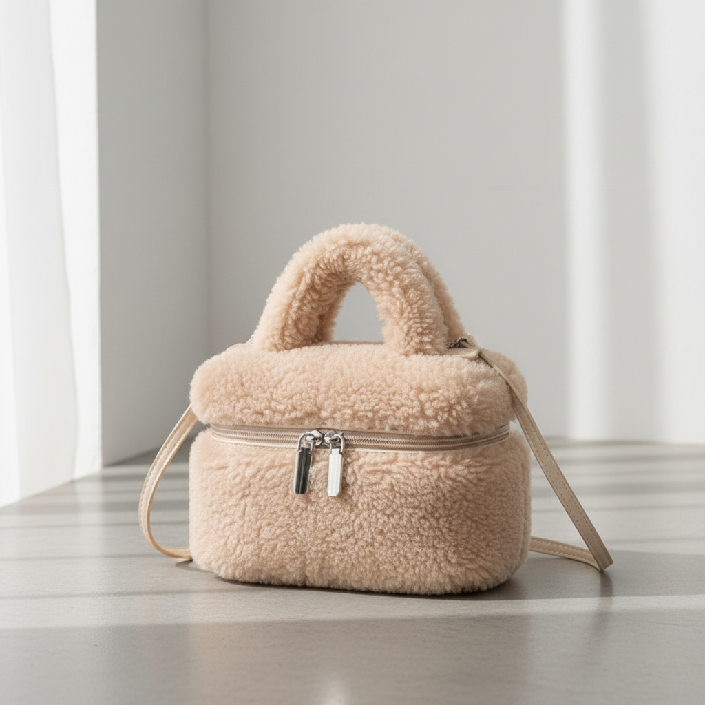 Beige fuzzy wool handbag on concrete surface