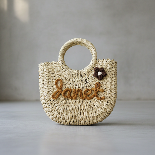 Natural woven straw tote bag with beach text on concrete surface